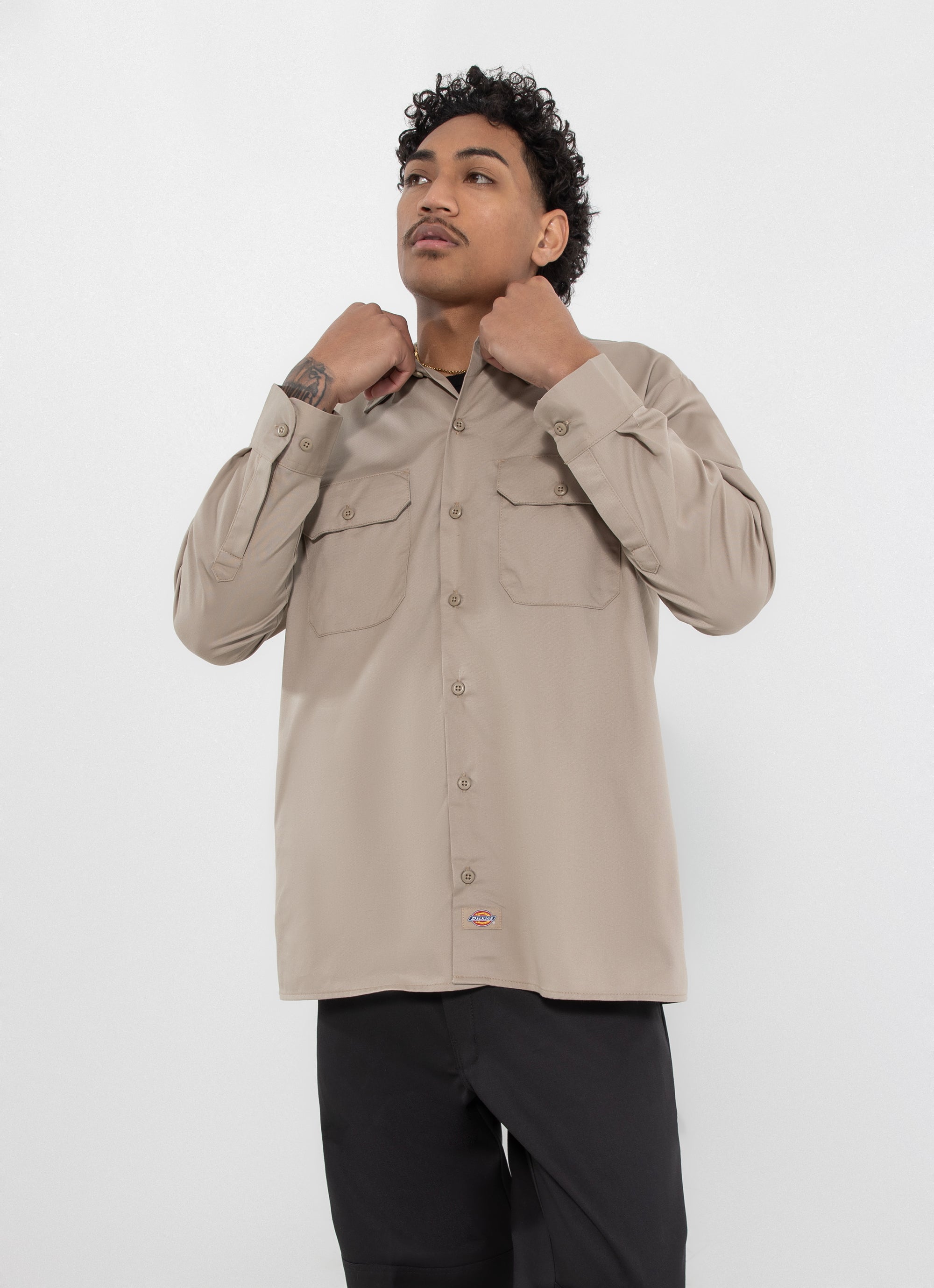 Dickies 574 Long Sleeve Work Shirt in Beige Red Rat