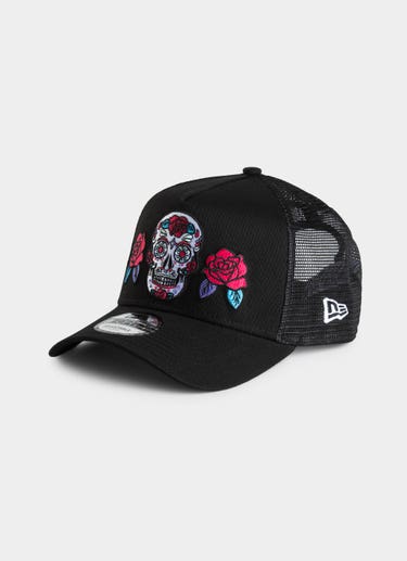 New Era 9forty A-frame Sugar Skull Trucker Snapback Cap in Black