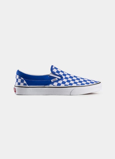 blue slip on checkered vans